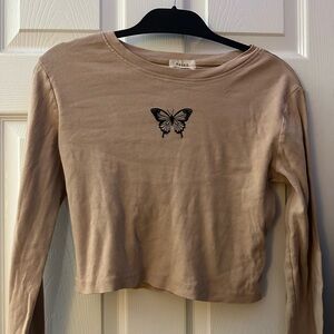 Butterfly Motif Beige Long Sleeve Top